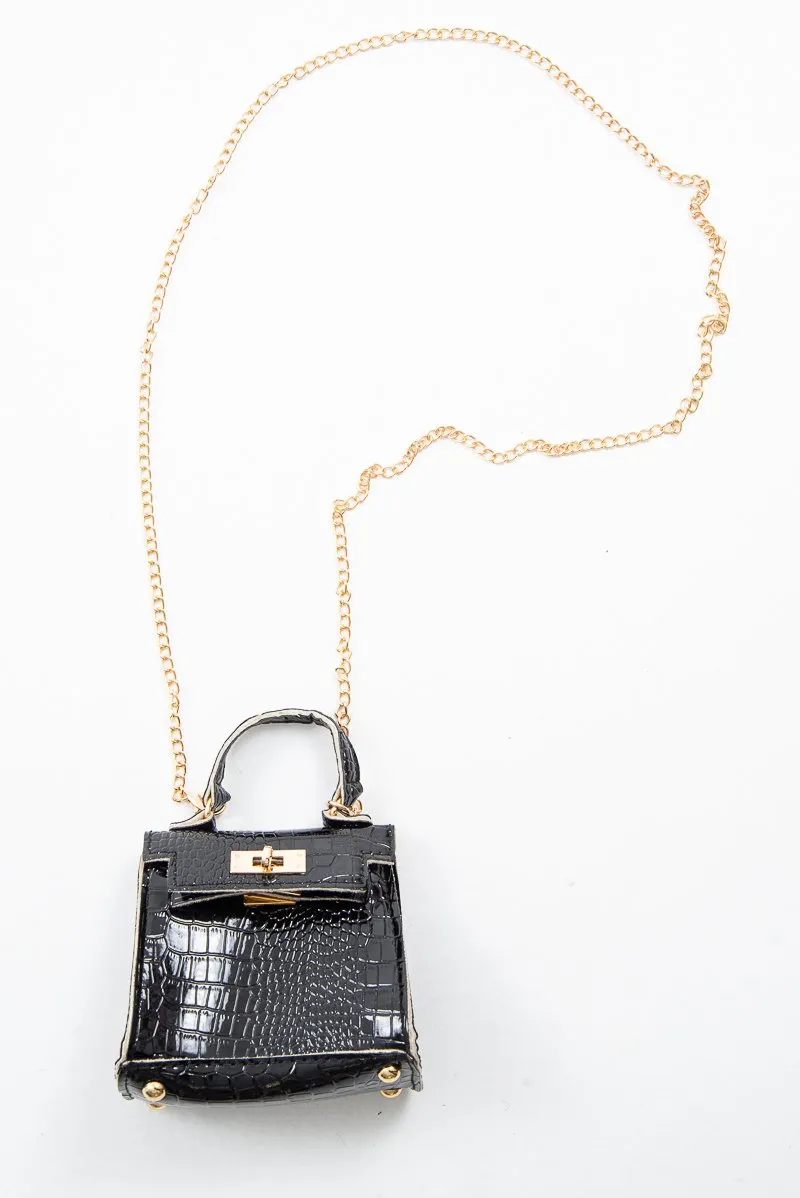 Black Faux Croc Mini Handbag - Ramie