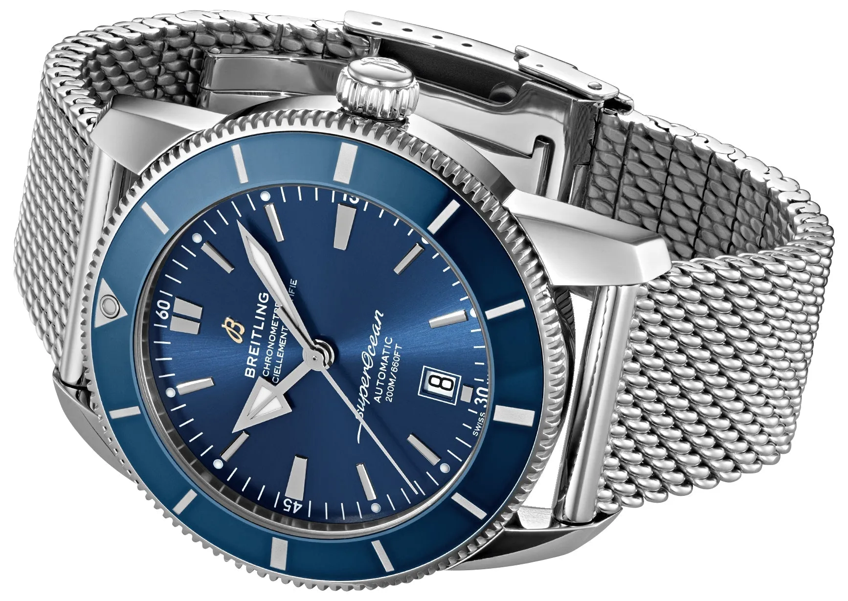 Breitling Superocean Heritage Automatic Chronometer Stainless Steel Mesh Blue Dial Date Divers Mens Watch Special Edition AB2020161C1A1