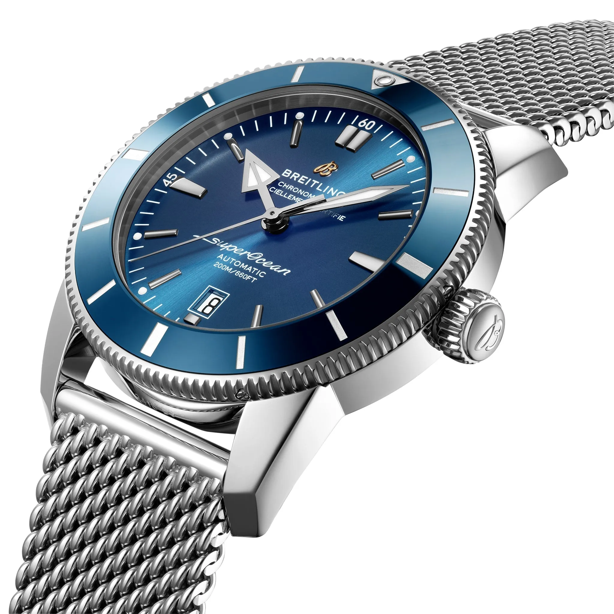 Breitling Superocean Heritage Automatic Chronometer Stainless Steel Mesh Blue Dial Date Divers Mens Watch Special Edition AB2020161C1A1