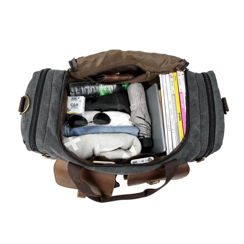 Canvas Leather Mens Large Black Weekender Bag Gray Duffle Bag Luggage Bag for Men