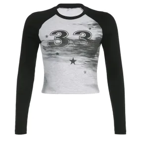 Casual Number Star Printing Bodycon Crop Top Raglan Sleeve Slim Autumn Tee Shirts Women Contrast Color Stitch Korean