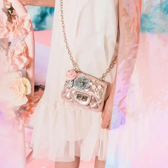 Dear Ellie Mini Metallic Handbag with Flowers - Rose Gold