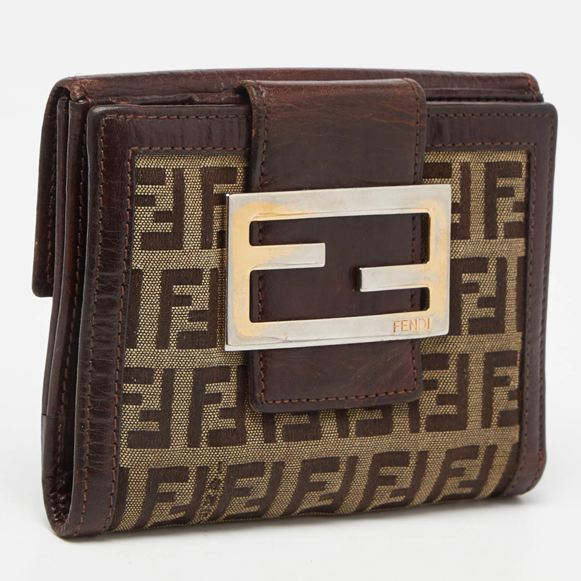 Fendi Beige/brown Zuchino Canvas And Leather Forever Flap Wallet
