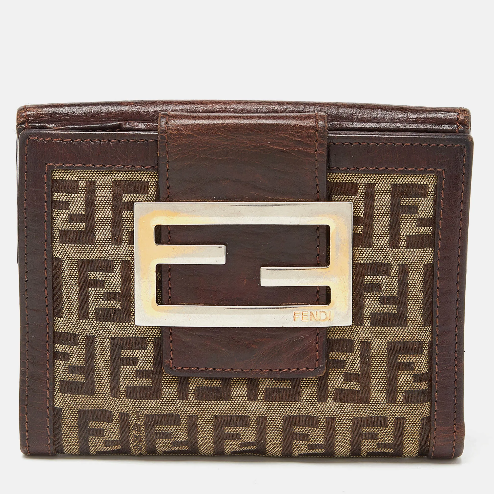 Fendi Beige/brown Zuchino Canvas And Leather Forever Flap Wallet