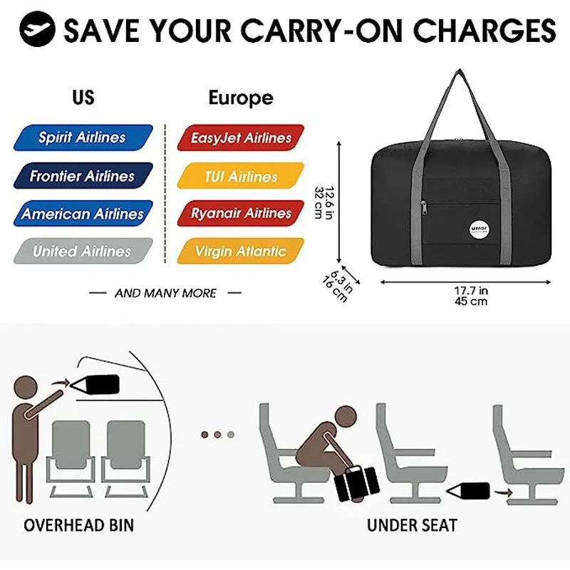 Foldable Ladies Carry on Luggage for Spirit Airlines Personal Item Bag 18x14x8 Travel Duffle Bag Under Seat