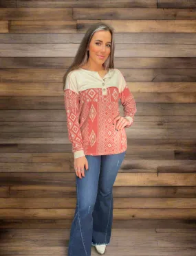 FRENCH TERRY WITH AZTEC PRINT BUTTONED HENLEY TOP