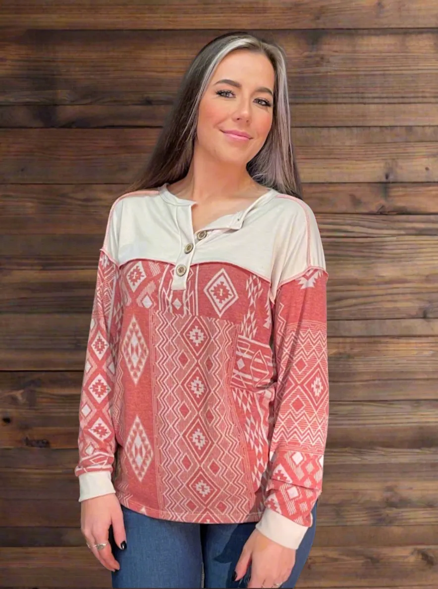 FRENCH TERRY WITH AZTEC PRINT BUTTONED HENLEY TOP