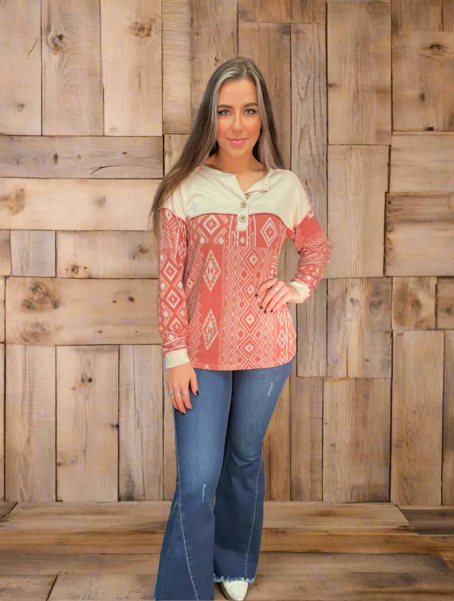 FRENCH TERRY WITH AZTEC PRINT BUTTONED HENLEY TOP