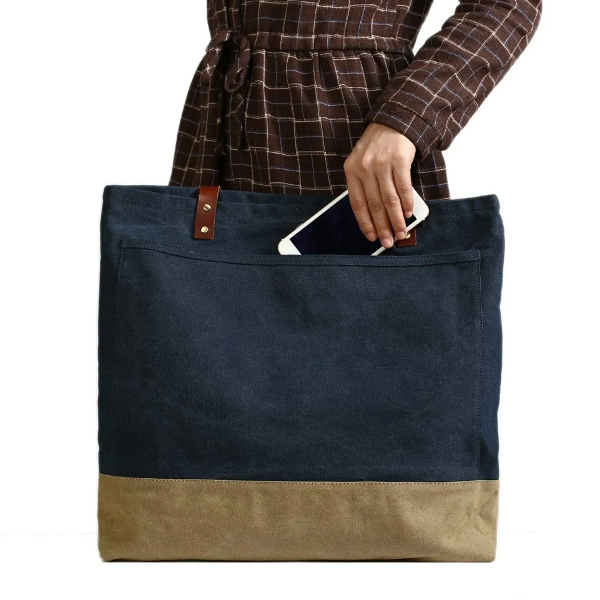 Handmade Canvas Tote Bag with Leather Handle