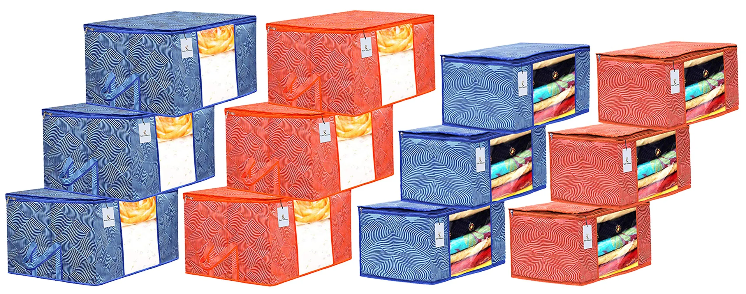 Heart Home Leheriya Printed 6 Piece Non Woven Saree Cover And 6 Pieces Underbed Storage Bag, Storage Organiser, Blanket Cover, Orange & Blue - CTHH24307