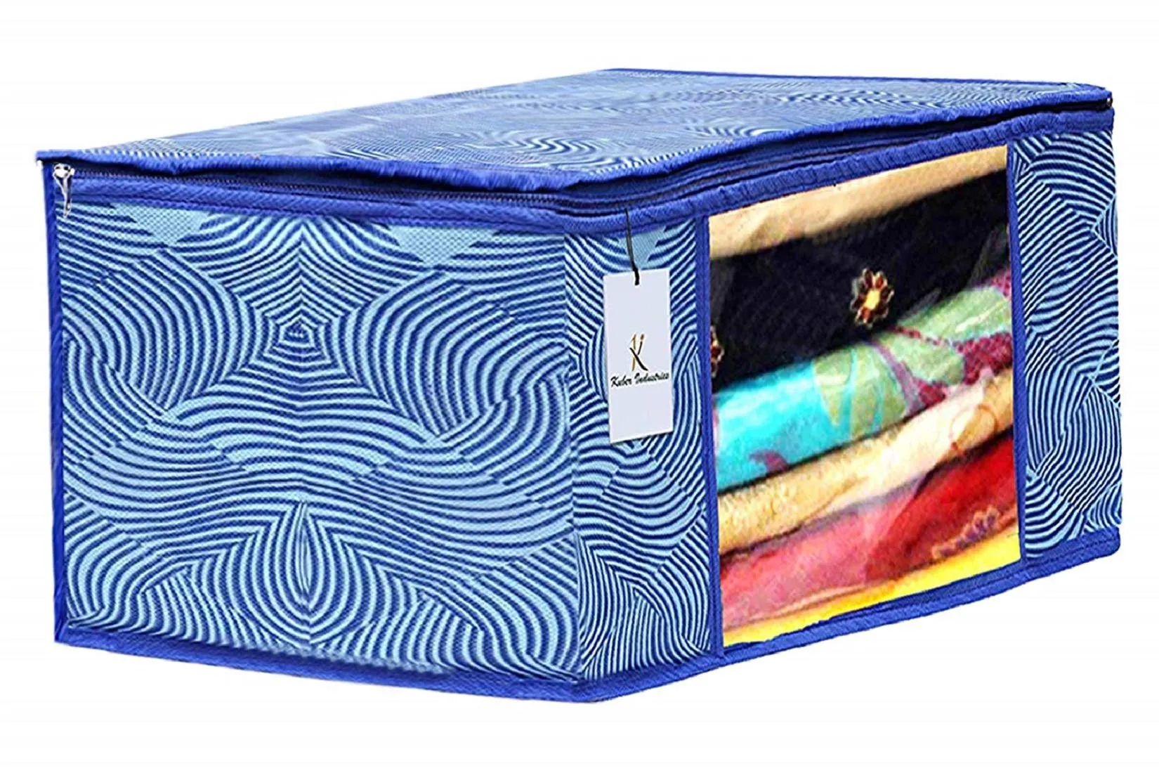 Heart Home Leheriya Printed 6 Piece Non Woven Saree Cover And 6 Pieces Underbed Storage Bag, Storage Organiser, Blanket Cover, Orange & Blue - CTHH24307