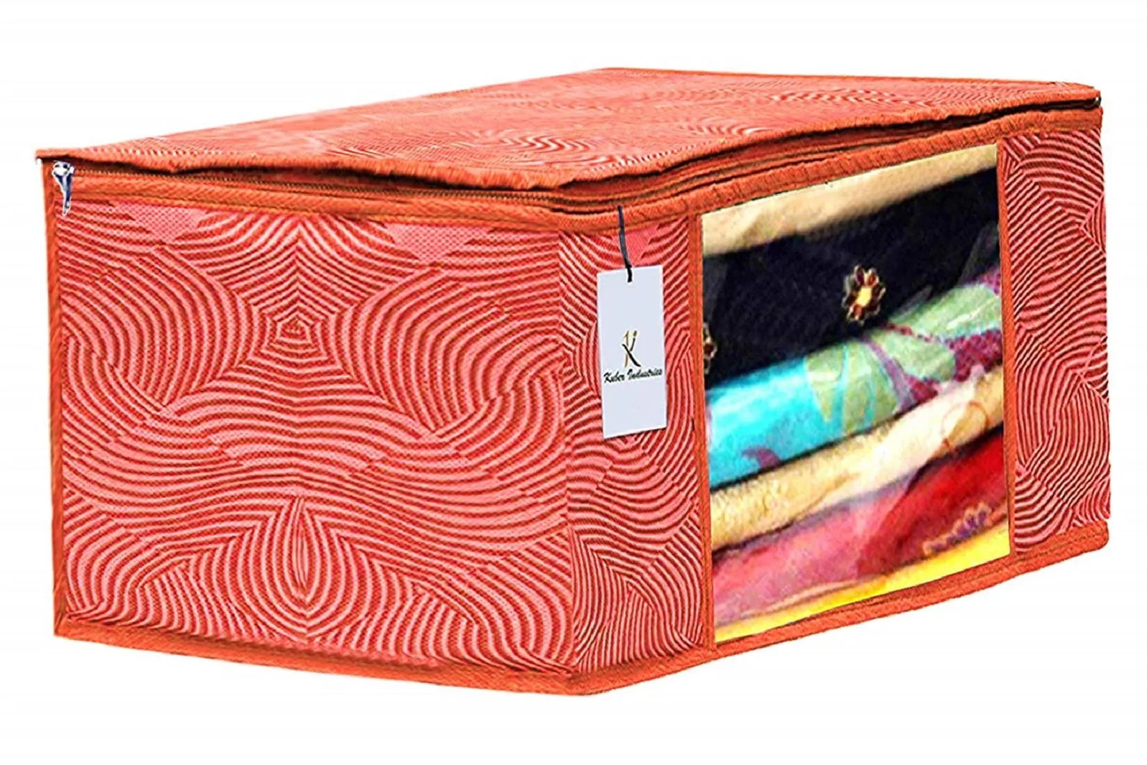 Heart Home Leheriya Printed 6 Piece Non Woven Saree Cover And 6 Pieces Underbed Storage Bag, Storage Organiser, Blanket Cover, Orange & Blue - CTHH24307