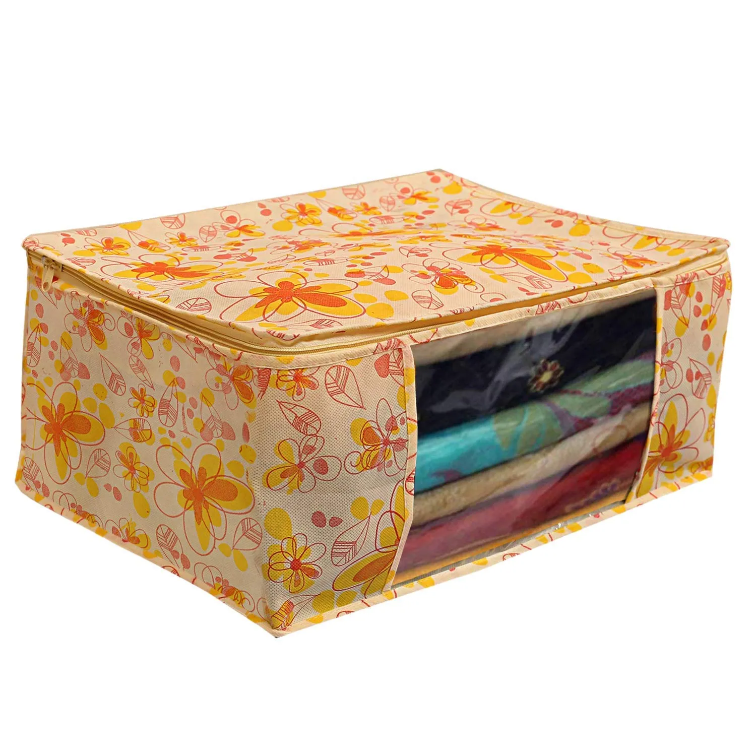 Heart Home Red Flower 6 Piece Non Woven Saree Cover, Large, Yellow- CTHH21141