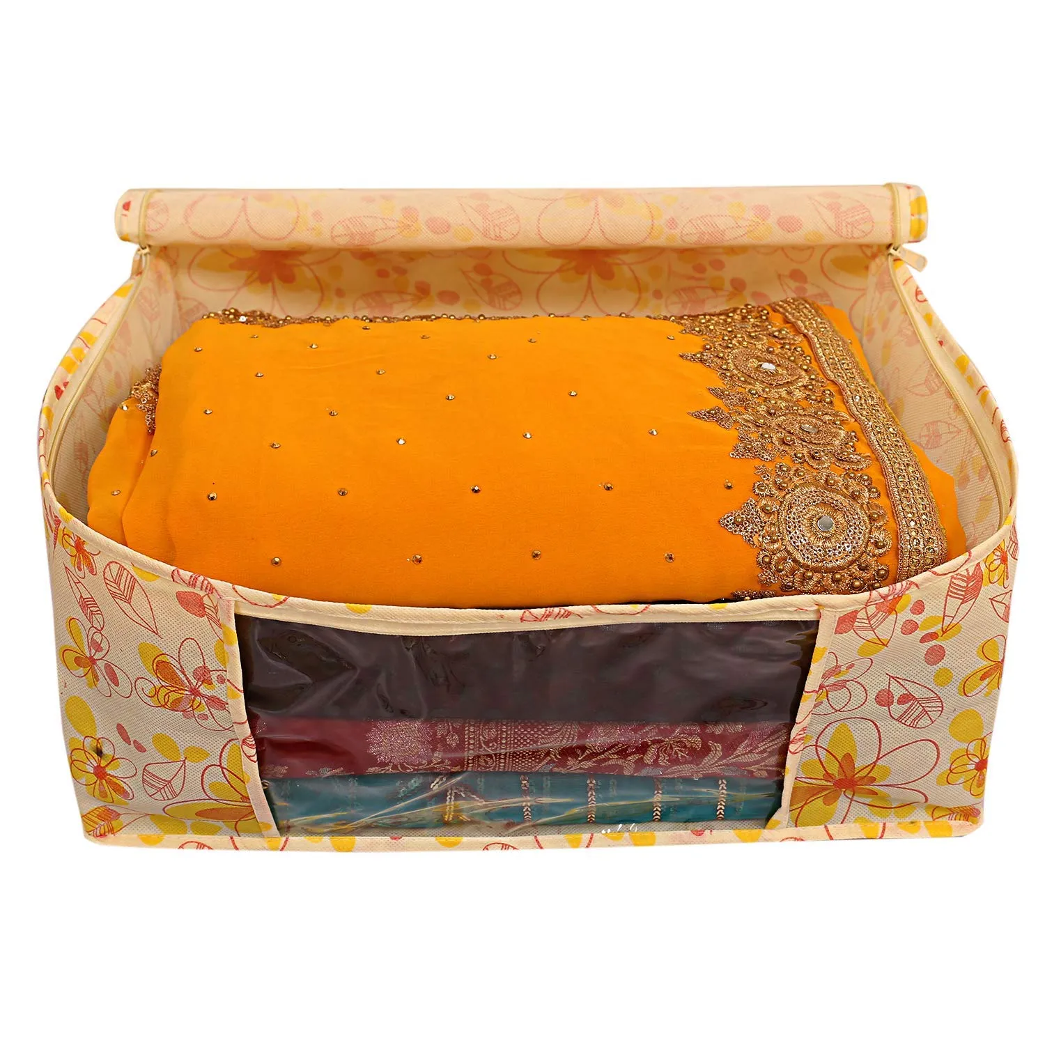 Heart Home Red Flower 6 Piece Non Woven Saree Cover, Large, Yellow- CTHH21141