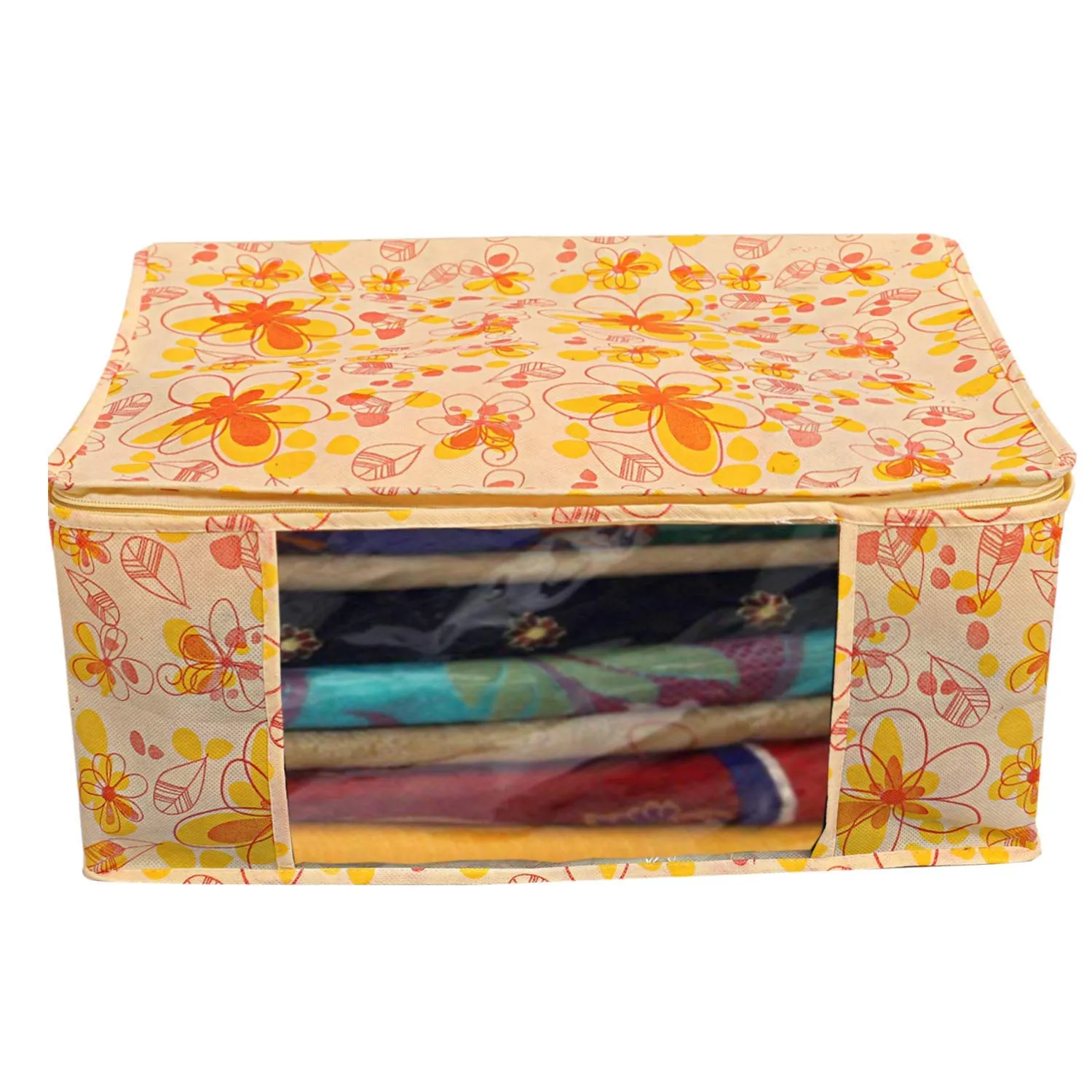 Heart Home Red Flower 6 Piece Non Woven Saree Cover, Large, Yellow- CTHH21141