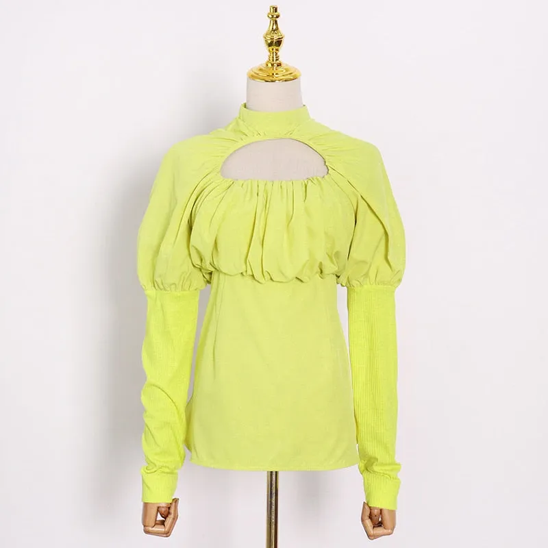 Hit Color Print T Shirt For Women Stand Collar Long Sleeve Hollow Out Casual T Shirts Female Fashion Clothing