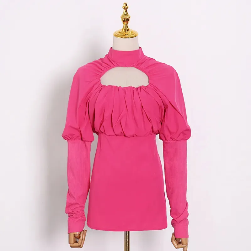 Hit Color Print T Shirt For Women Stand Collar Long Sleeve Hollow Out Casual T Shirts Female Fashion Clothing
