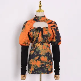 Hit Color Print T Shirt For Women Stand Collar Long Sleeve Hollow Out Casual T Shirts Female Fashion Clothing