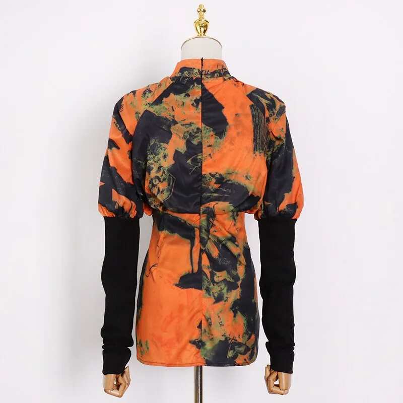 Hit Color Print T Shirt For Women Stand Collar Long Sleeve Hollow Out Casual T Shirts Female Fashion Clothing