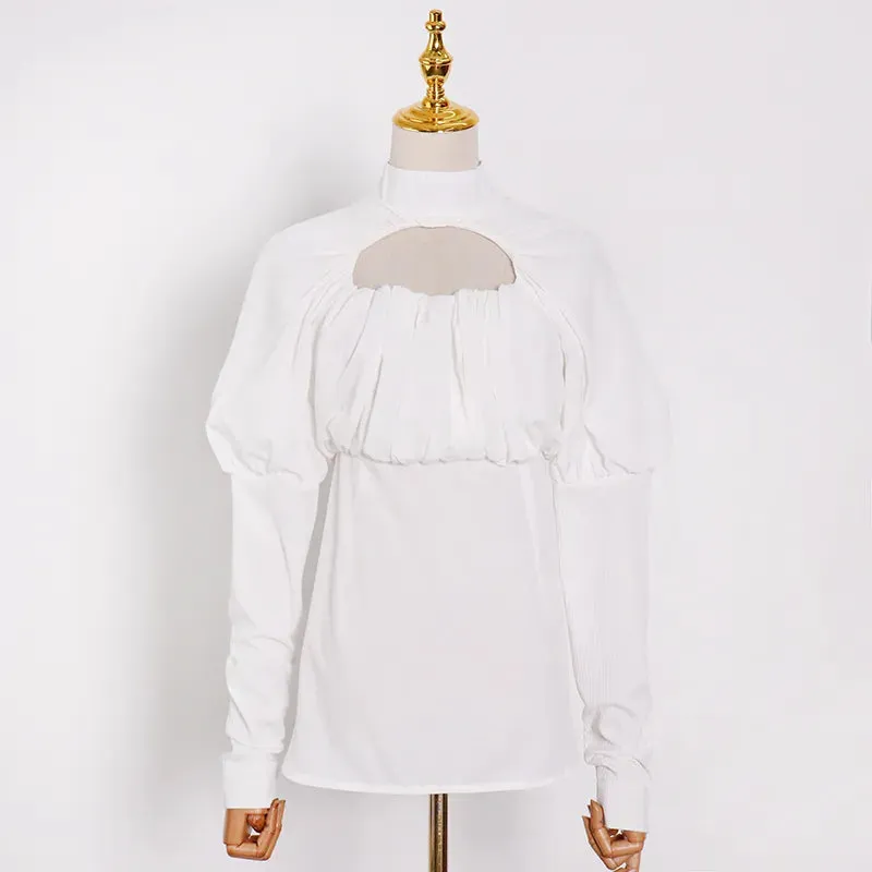 Hit Color Print T Shirt For Women Stand Collar Long Sleeve Hollow Out Casual T Shirts Female Fashion Clothing