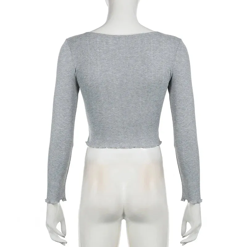 Korean Fashion Knitted Bodycon Crop Tops Bow Lace Spliced Slim Spring Autumn Tee Shirts Korean Girls Cutecore Tshirts