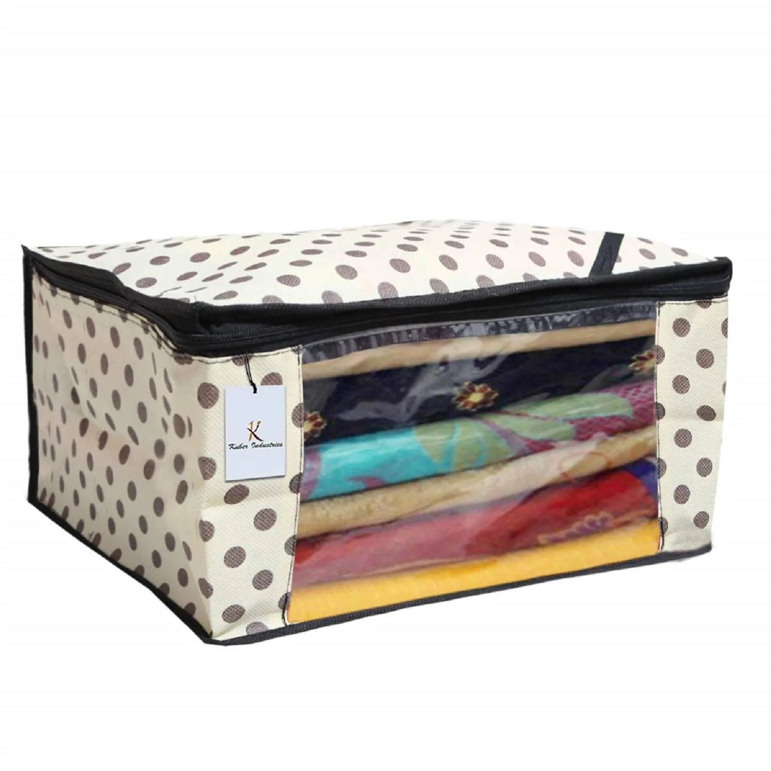 Kuber Industries Black Polka Dot 9 Piece Non Woven Saree Cover, Large, Ivory-CTKTC14133