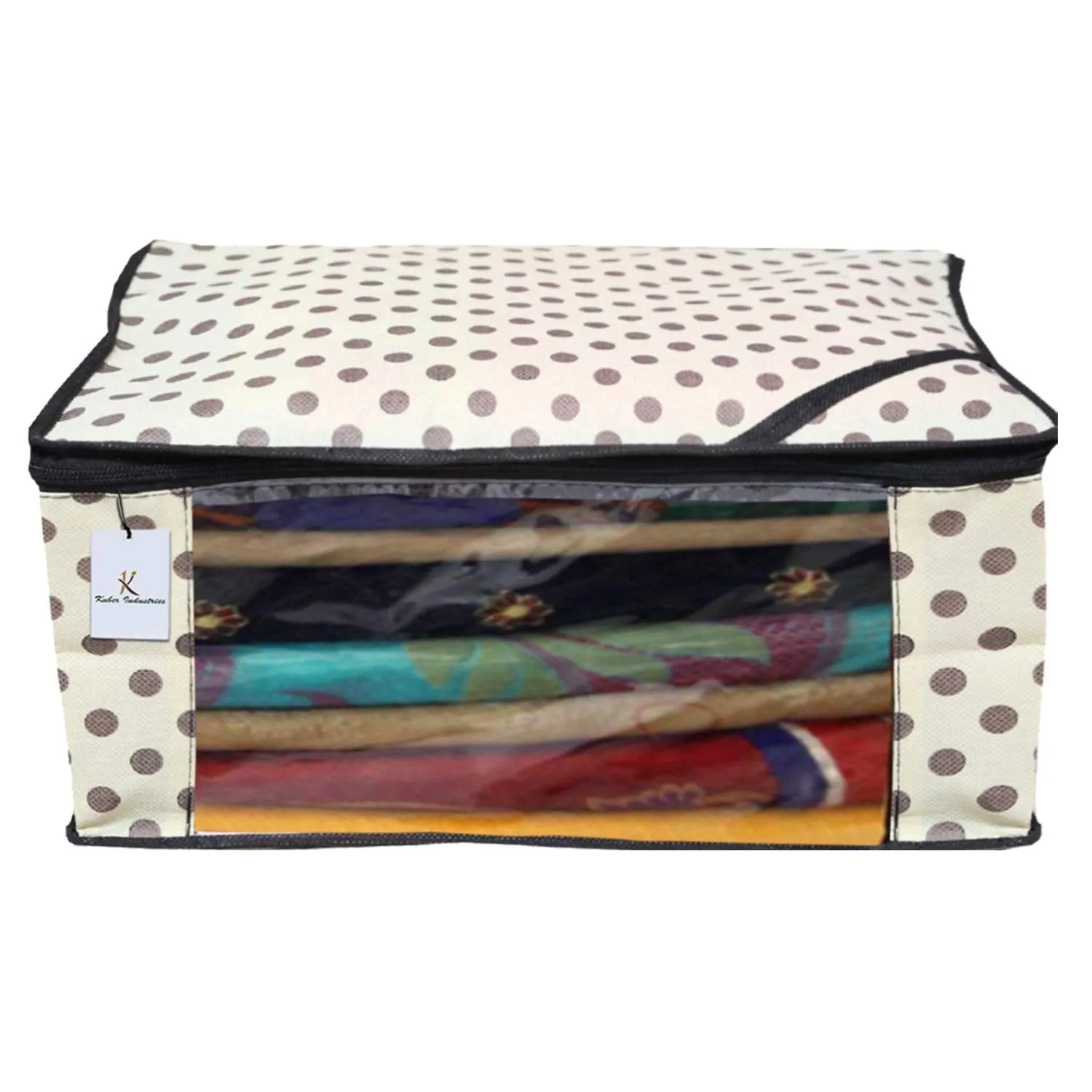 Kuber Industries Black Polka Dot 9 Piece Non Woven Saree Cover, Large, Ivory-CTKTC14133