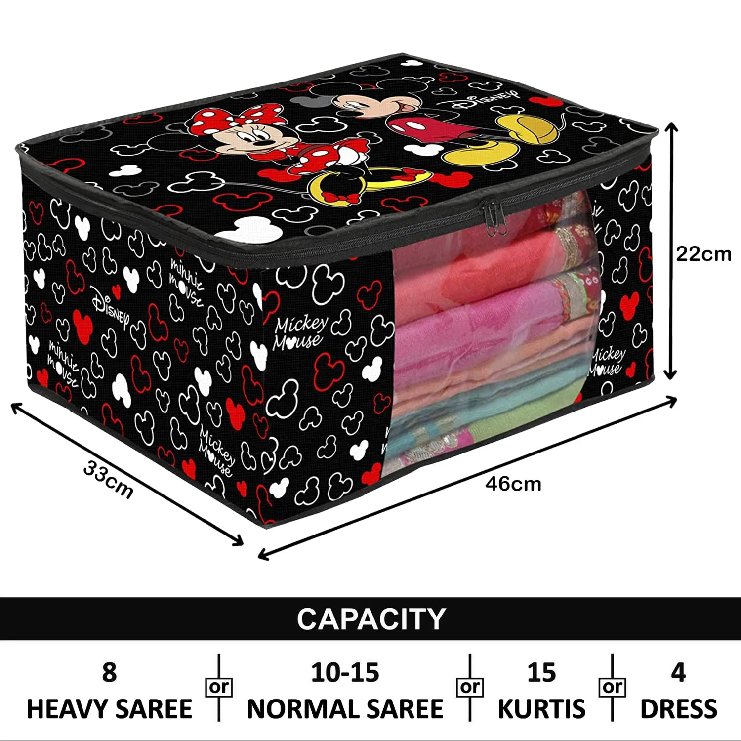 Kuber Industries Disney Mickey Saree Cover|Non-Woven Foldable Clothes Bag|Transparent Window Wardrobe Organizer|Extra Large|Pack of 6 (Black)