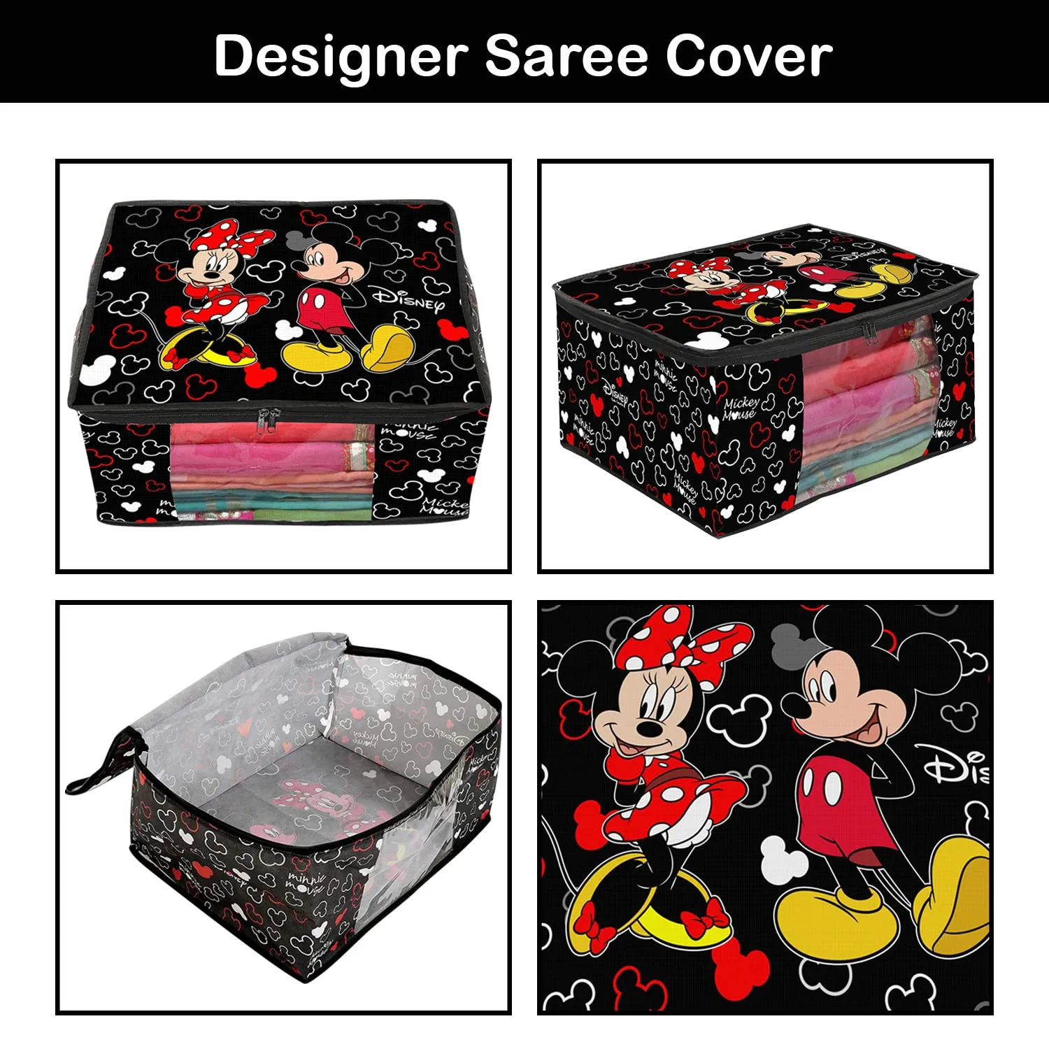 Kuber Industries Disney Mickey Saree Cover|Non-Woven Foldable Clothes Bag|Transparent Window Wardrobe Organizer|Extra Large|Pack of 6 (Black)