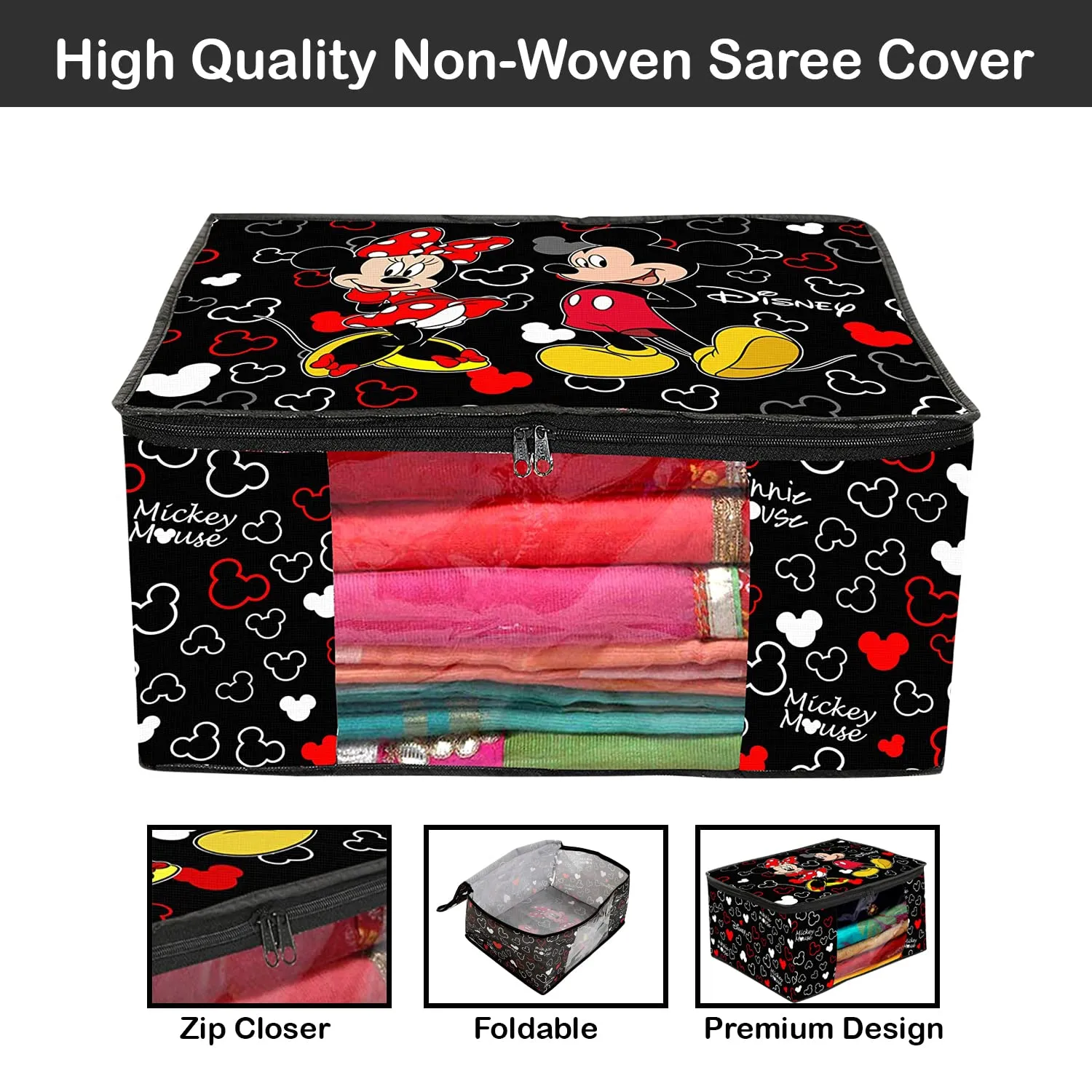 Kuber Industries Disney Mickey Saree Cover|Non-Woven Foldable Clothes Bag|Transparent Window Wardrobe Organizer|Extra Large|Pack of 6 (Black)