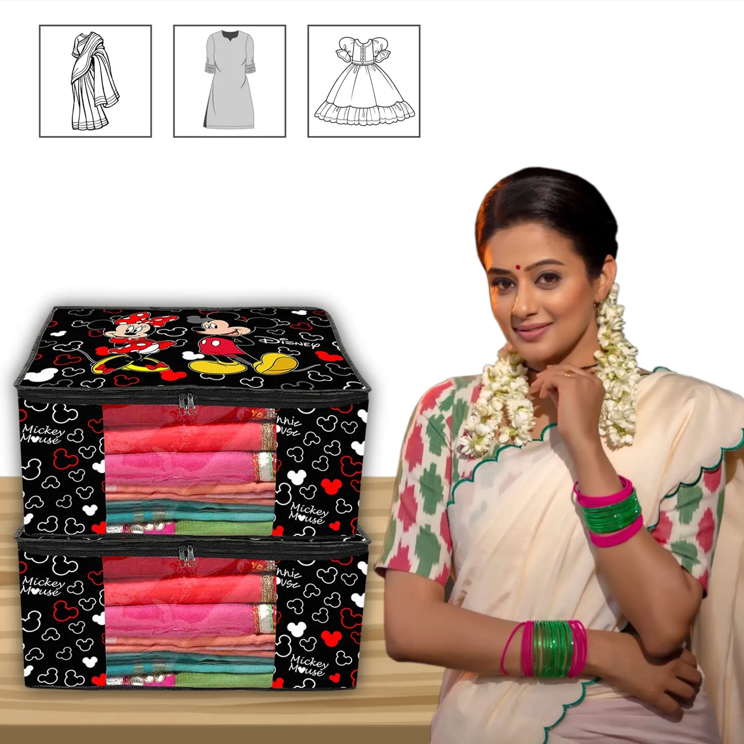Kuber Industries Disney Mickey Saree Cover|Non-Woven Foldable Clothes Bag|Transparent Window Wardrobe Organizer|Extra Large|Pack of 6 (Black)