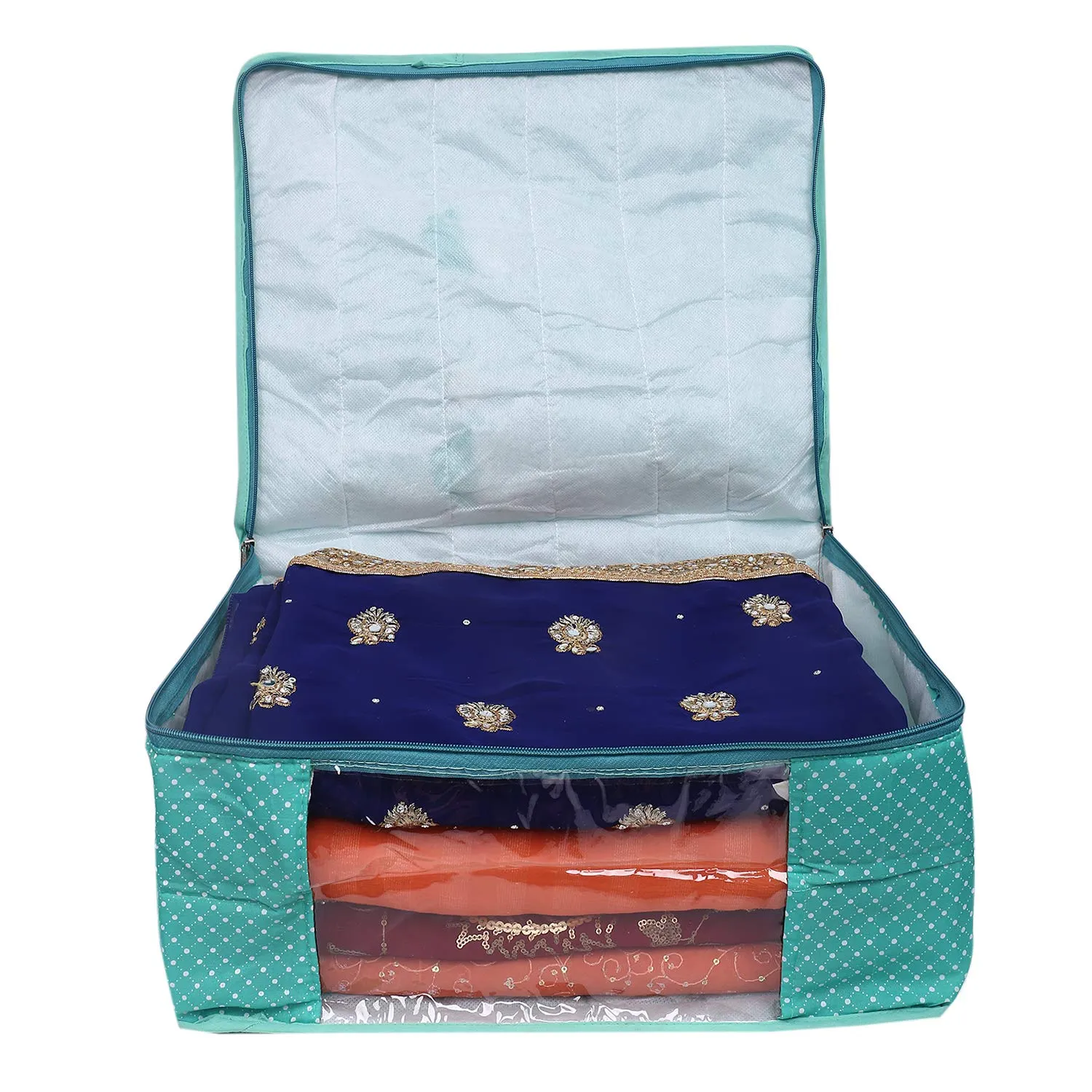 Kuber Industries Polka Dots 1 Piece Cotton 3 Layered Quilted Saree Cover, Green-CTKTC21299