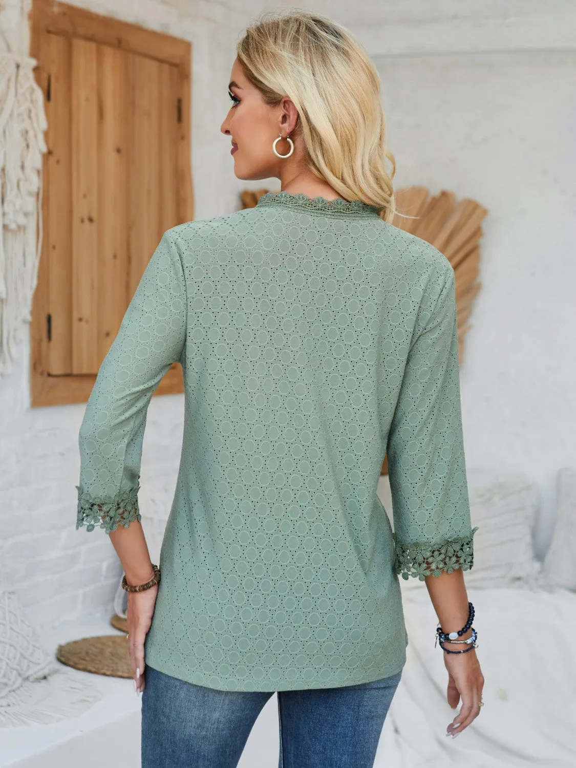 Lace Detail V-Neck Three-Quarter Sleeve Blouse