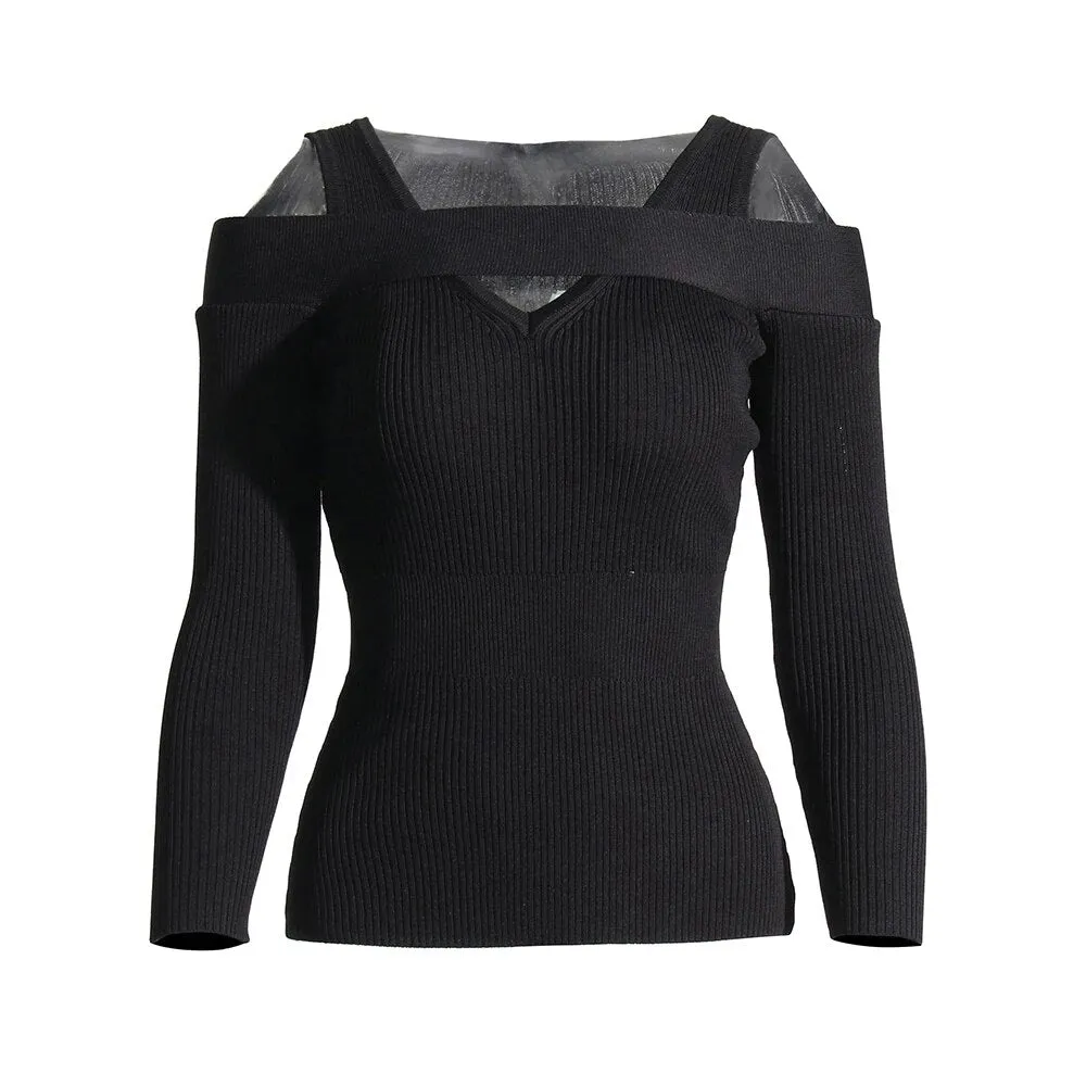 Minimalist Square Collar Long Sleeve Hollow Out Pullover Knitting Sweater Female Fashion Autumn Clothing
