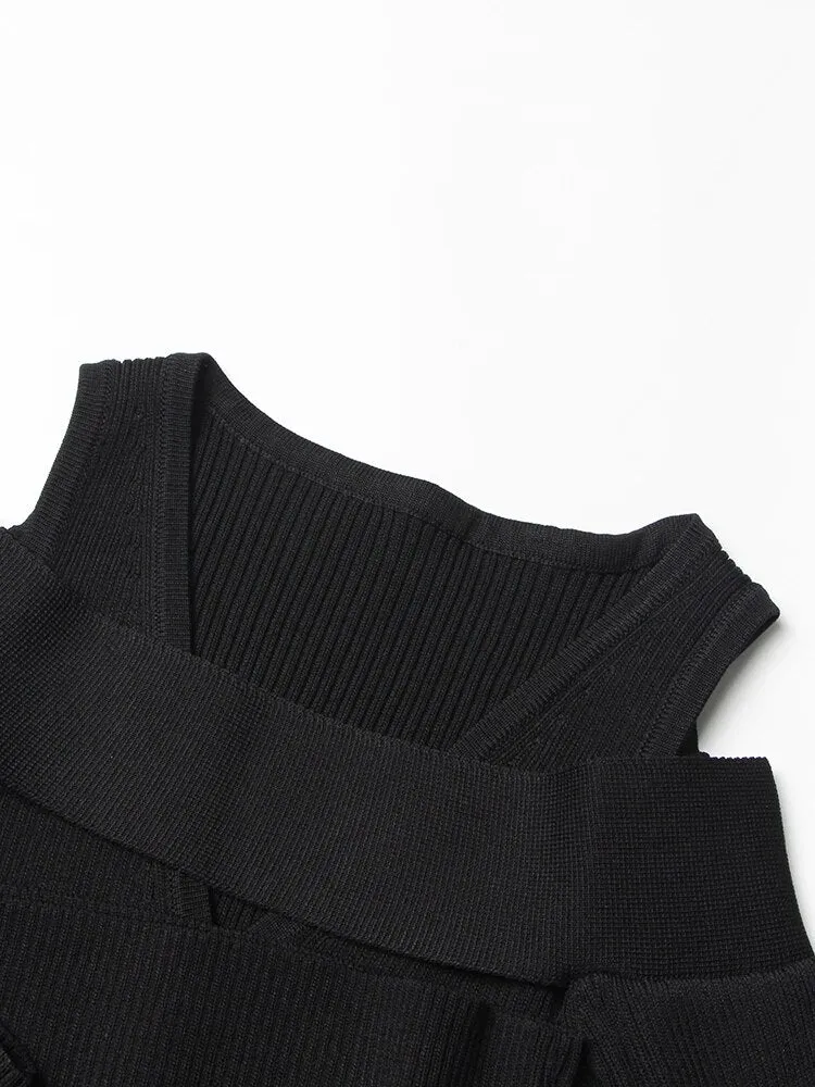 Minimalist Square Collar Long Sleeve Hollow Out Pullover Knitting Sweater Female Fashion Autumn Clothing
