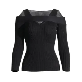 Minimalist Square Collar Long Sleeve Hollow Out Pullover Knitting Sweater Female Fashion Autumn Clothing