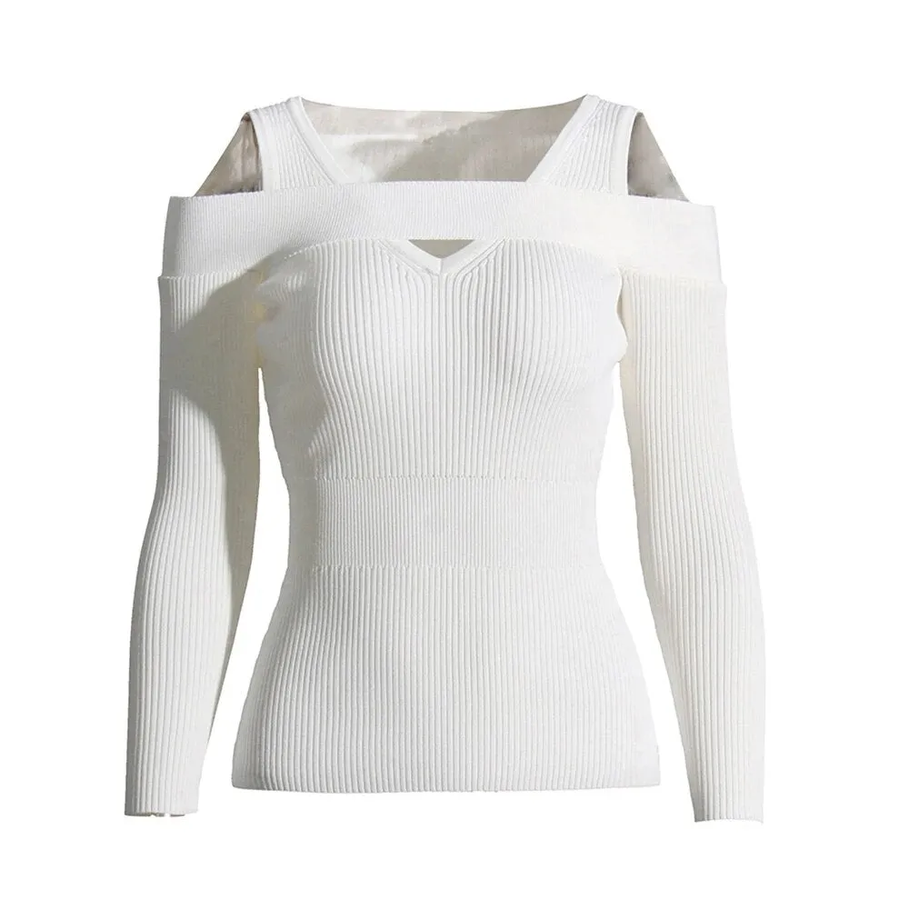 Minimalist Square Collar Long Sleeve Hollow Out Pullover Knitting Sweater Female Fashion Autumn Clothing