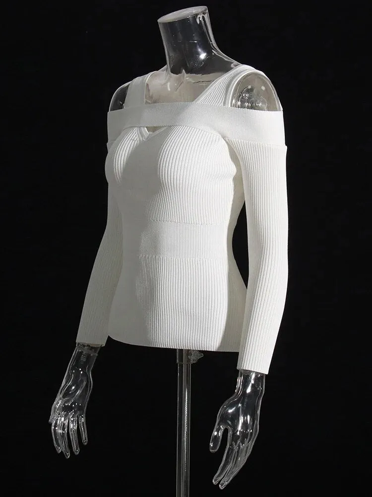 Minimalist Square Collar Long Sleeve Hollow Out Pullover Knitting Sweater Female Fashion Autumn Clothing