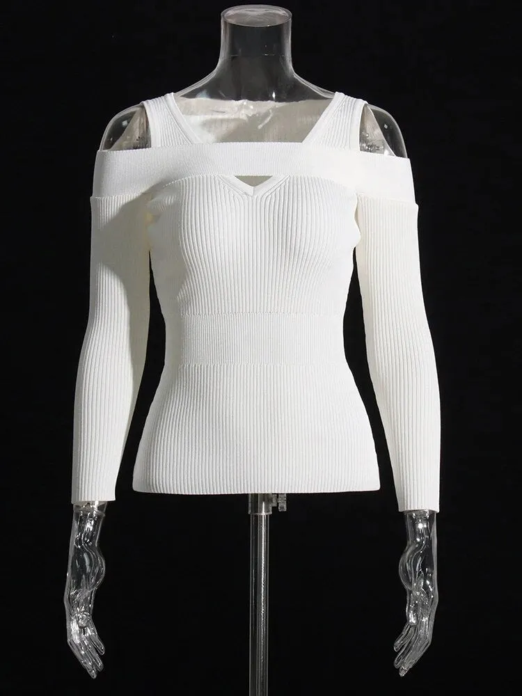 Minimalist Square Collar Long Sleeve Hollow Out Pullover Knitting Sweater Female Fashion Autumn Clothing