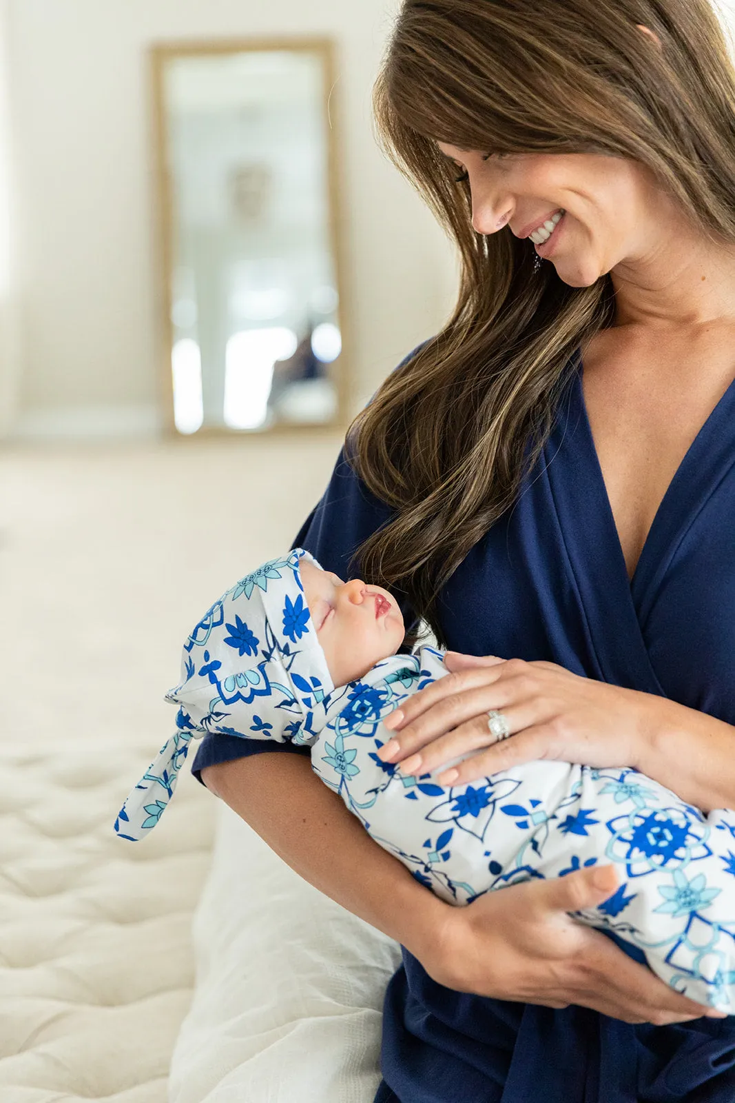 Navy Robe & Ophelia Reversiblele Newborn Swaddle Blanket Set