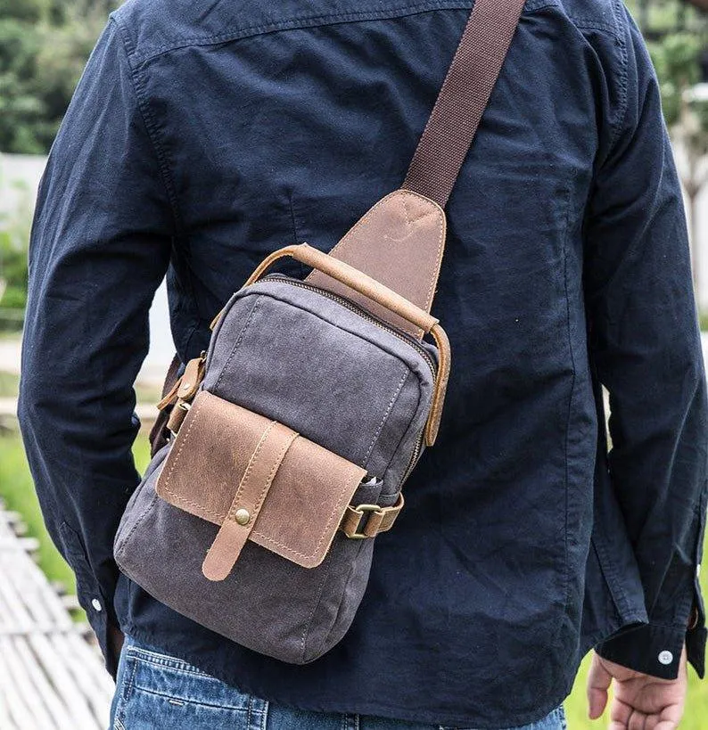 Outdoor Sling Bag With Crazy Horse Leather