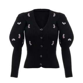 Patchowrk Sequined Caidigans For Women V Neck Puff Sleeve Slim Black Sweaters Female New Tide Clothing Autumn