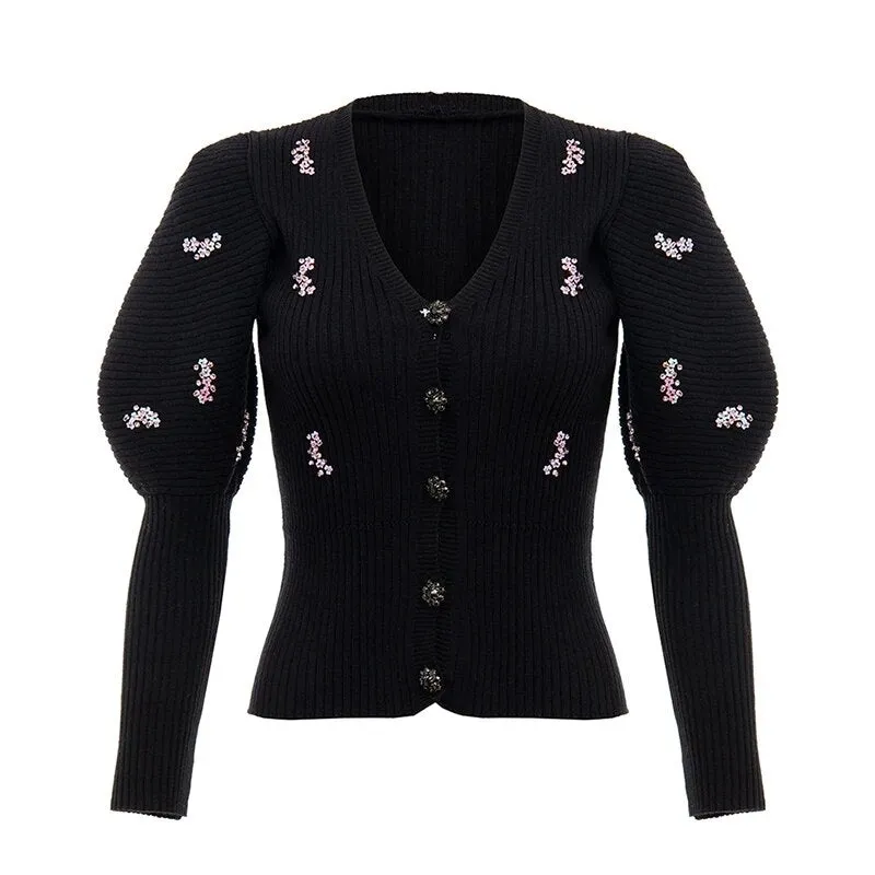 Patchowrk Sequined Caidigans For Women V Neck Puff Sleeve Slim Black Sweaters Female New Tide Clothing Autumn