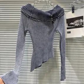 Solid Knitting Sweaters For Women Slash Neck Long Sleeve Patchwork Belt Slimming Chic Sweater Female Fashion Style
