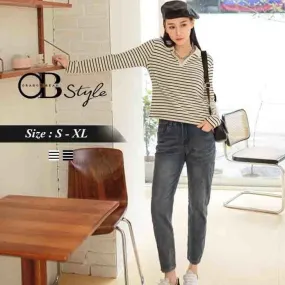 STRIPED V NECK SHORT TOP