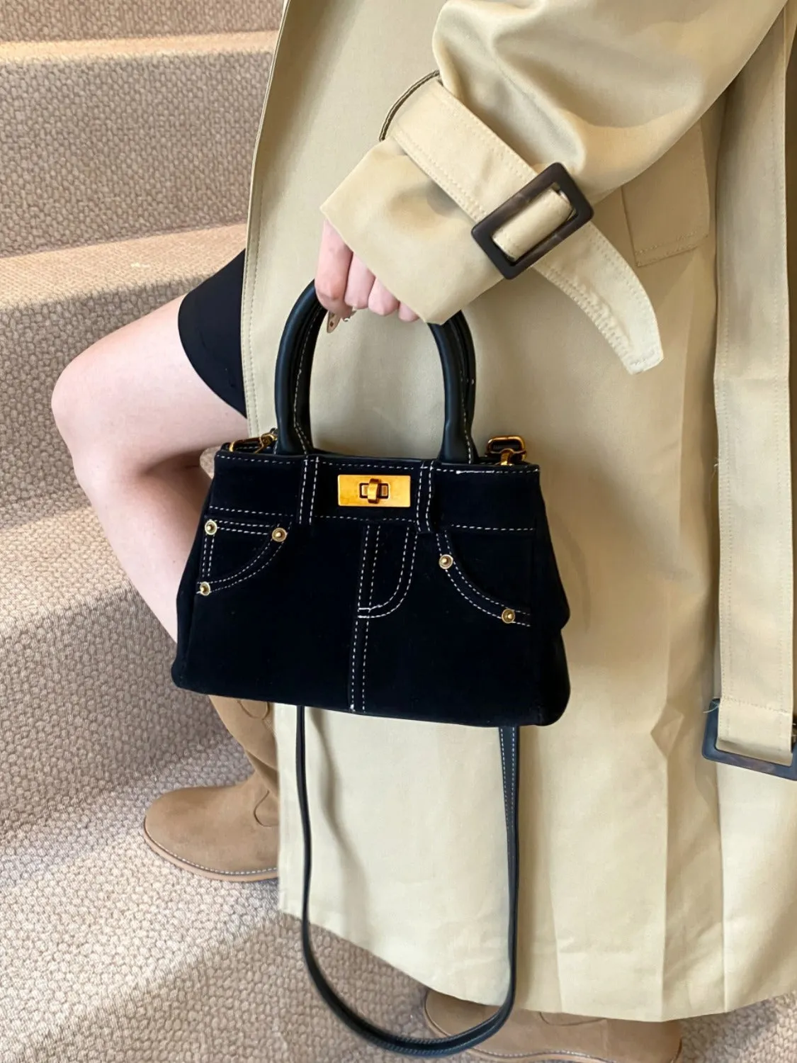 Suede Dual-Use Adjustable Strap Handbag