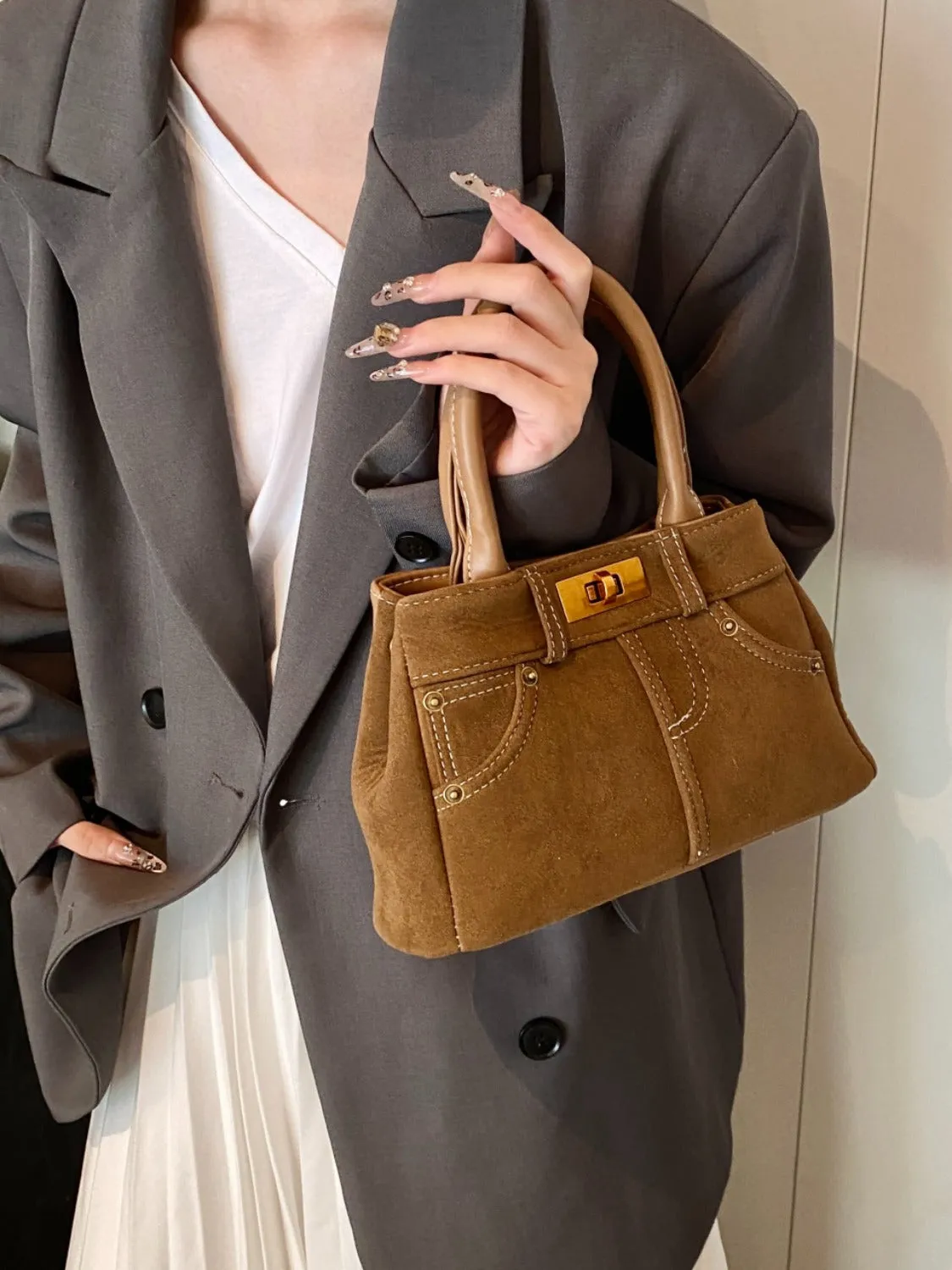 Suede Dual-Use Adjustable Strap Handbag