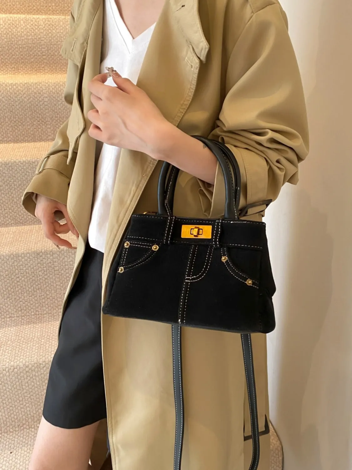 Suede Dual-Use Adjustable Strap Handbag