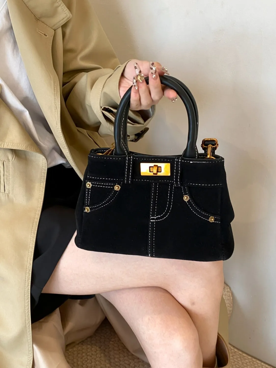 Suede Dual-Use Adjustable Strap Handbag