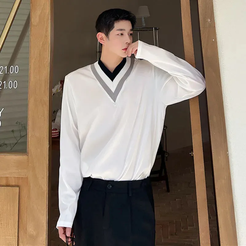Summer Trendy T-shirt Men Contrast Color V-neck Loose Casual Long Sleeve T-shirts Male Top Fashion Tide 9C5487